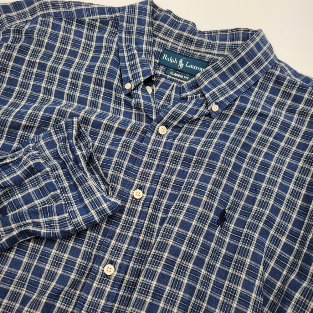 Ralph Lauren XXL Classic Fit Blue White Plaid Linen Cotton Button Down Shirt